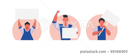 A group of Men with with a blank banner in their hands isolated. Cartoon style. Vector A group of Men with with a blank banner in their hands isolated. Cartoon style. Vector 99366905