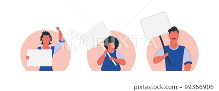 A group of Men with a blank banner in their hands isolated on a white background. Cartoon style. Vector illustration. A group of Men with a blank banner in their hands isolated on a white background. Cartoon style. Vector illustration. 99366906
