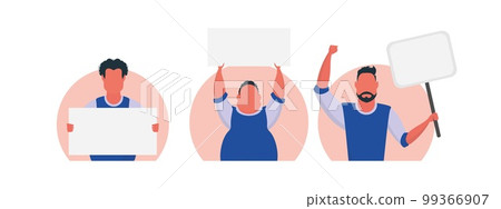 A group of Men with a blank banner in their hands isolated on a white background. Flat style. Vector illustration. A group of Men with a blank banner in their hands isolated on a white background. Flat style. Vector illustration. 99366907