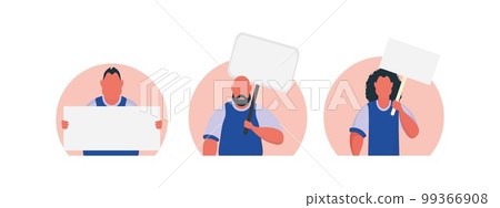A group of Men with with a blank banner in their hands isolated. Flat style. Vector A group of Men with with a blank banner in their hands isolated. Flat style. Vector 99366908