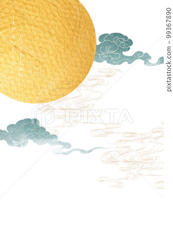 Gold sun and moon with chinese cloud template. Japanese background with hand drawn line wave in vintage style. Art landscape banner design decoration. Icon and symbol  element in Asia style. 99367890