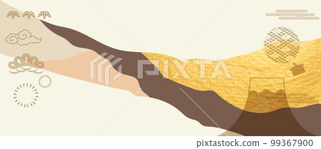 Gold and brown brush stroke texture with Japanese ocean wave pattern in vintage style. Abstract art icon and symbol banner design with watercolor texture vector Gold and brown brush stroke texture with Japanese ocean wave pattern in vintage style. Abstract art icon and symbol banner design with watercolor texture vector 99367900