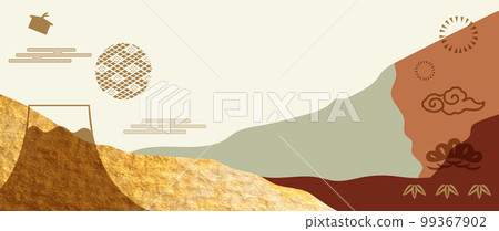 Japanese background with gold texture vector. Hand drawn wave chinese cloud and Fuji mountain icon decoration in vintage style. Watercolor painting with art abstract banner design Japanese background with gold texture vector. Hand drawn wave chinese cloud and Fuji mountain icon decoration in vintage style. Watercolor painting with art abstract banner design 99367902