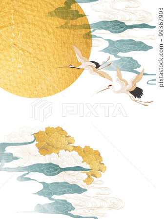 Gold sun and moon. Japanese background with floral pattern vector. Peony flower, hand drawn wave chinese cloud decorations in vintage style. Crane birds element with art abstract banner design Gold sun and moon. Japanese background with floral pattern vector. Peony flower, hand drawn wave chinese cloud decorations in vintage style. Crane birds element with art abstract banner design 99367903