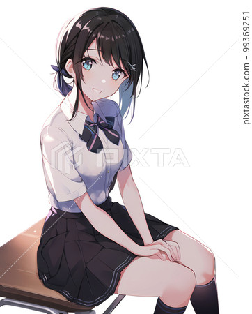 坐在課桌上的女學生動漫風格插圖 AI 生成的圖像 99369251