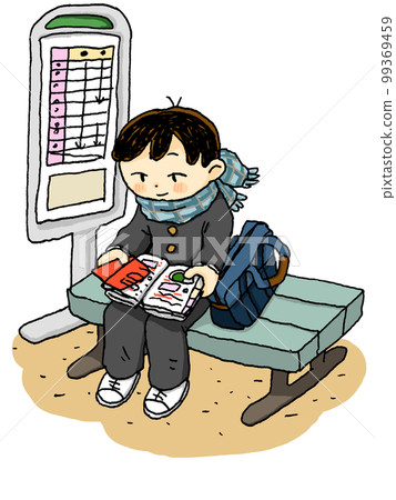 Male student color studying while waiting at the bus stop Male student color studying while waiting at the bus stop 99369459