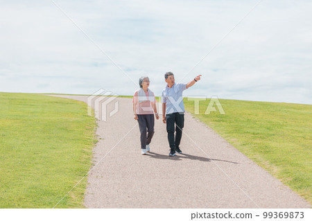 老年夫婦（老年、男性和女性）在公園散步和有氧運動 99369873