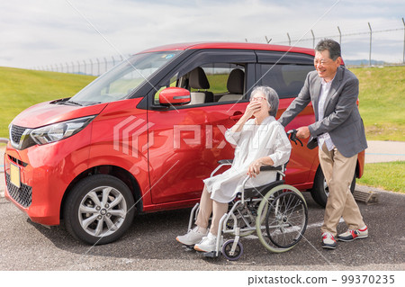 汽車前坐在輪椅上的老年婦女和男子(老人、夫婦、男人和女人) 汽車前坐在輪椅上的老年婦女和男子(老人、夫婦、男人和女人) 99370235
