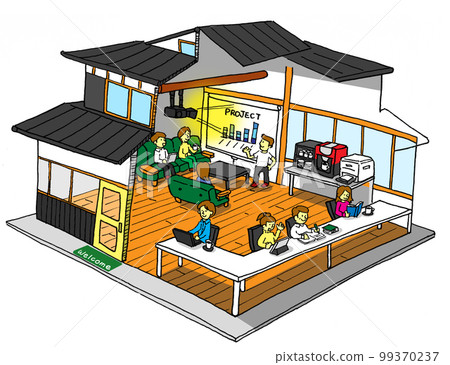 Illustration of a stylish coworking space renovated from an empty old private house 99370237