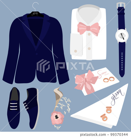 Wedding groom suit accessories set flat vector Wedding groom suit accessories set flat vector 99370344