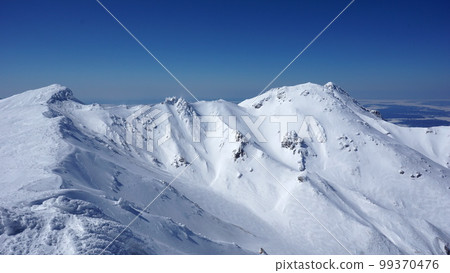 Mt. Chienbetsu and Mt. Iou seen from Mt. Higashidake on the Shiretoko Peninsula in winter 99370476
