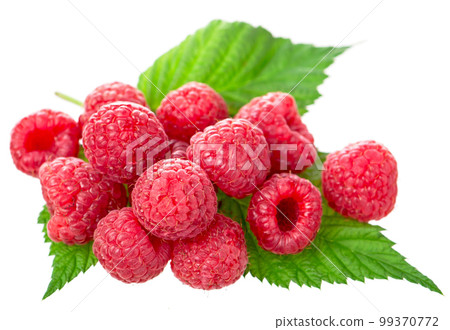 Ripe raspberry with green leaf on white background 99370772