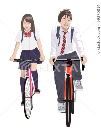 Illustration of a high school boy and girl riding a bicycle 99370814