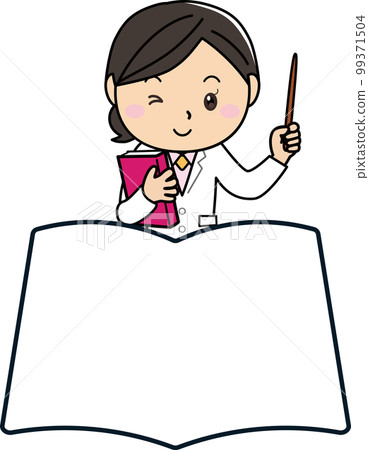 A woman explaining using a simple frame of a book/notebook 99371504