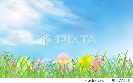 Scenery of Easter eggs placed on a green meadow 99372198