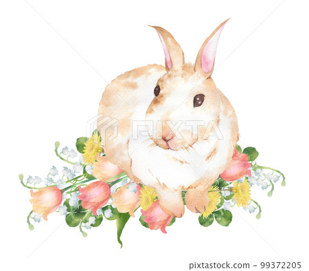 Watercolor painting of a rabbit and a bouquet of tulips 99372205