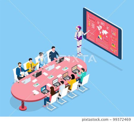 AI Learning and Artificial Intelligence Concept with Business team seated around table listening to Humanoids Robot describe business trend and market analysis.  Vector Illustration eps10 99372469