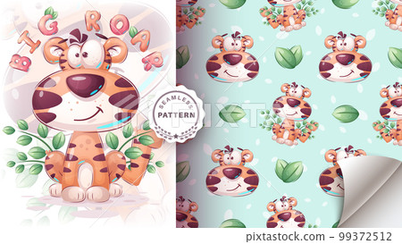Cartoon character funny animal tiger - seamless pattern 99372512