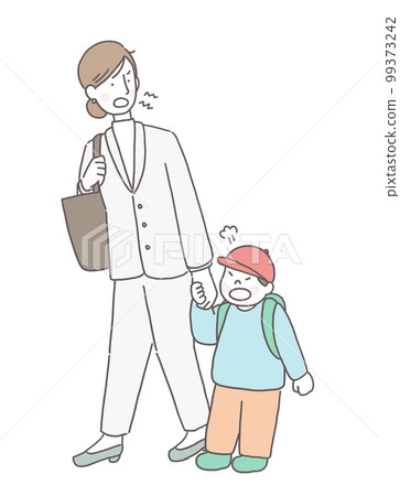 一個不高興的男孩和一個惱怒的母親 99373242