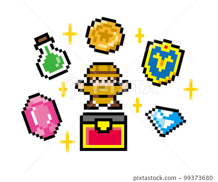 Exploration game style pixel art explorer opening a treasure chest 99373680