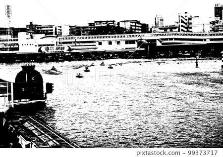 Turning boat black and white photo 99373717