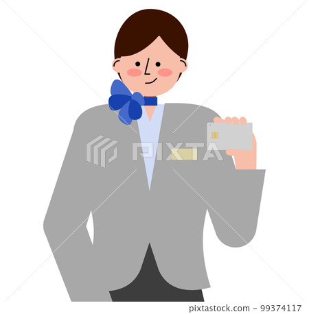 Illustration of a female flight attendant holding a credit card (gray uniform) Illustration of a female flight attendant holding a credit card (gray uniform) 99374117