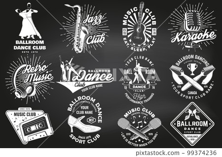 Ballroom dance sport club and retro music logos, badges design on chalkboard. Dance sport and retro music sticker with shoes for ballroom dancing, man and woman, retro microphone, saxophone , audio 99374236