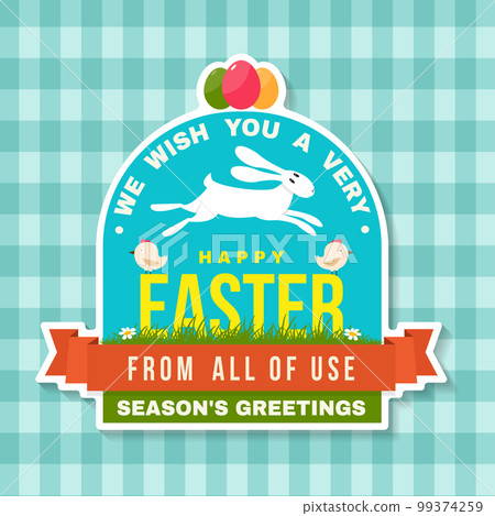 Happy Easter card, sticker, patch. Vector. Typography design with easter rabbit, eggs and birds. Modern minimal style. For poster, greeting card, overlay, sticker 99374259