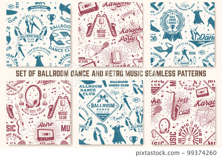 Retro music club and ballroom dance sport club seamless pattern. Background with shoes for ballroom dancing, man, woman, retro microphone, saxophone, audio cassette, classical acoustic guitar 99374260