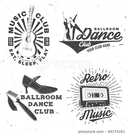 Set of retro music and Ballroom dance sport club logos, badges design. Dance sport and retro music sticker with classical guitar, audio cassette, shoes for ballroom dancing, man and woman silhouette Set of retro music and Ballroom dance sport club logos, badges design. Dance sport and retro music sticker with classical guitar, audio cassette, shoes for ballroom dancing, man and woman silhouette 99374261
