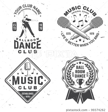 Set of retro music and ballroom dance sport club logos, badges design. Dance sport and retro music sticker with microphone with sunburst, shoes for ballroom dancing, man and woman silhouette. Vector Set of retro music and ballroom dance sport club logos, badges design. Dance sport and retro music sticker with microphone with sunburst, shoes for ballroom dancing, man and woman silhouette. Vector 99374262