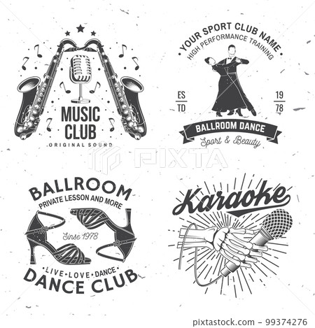 Set of retro music and ballroom dance sport club logos, badges design. Dance sport and retro music sticker with microphone, saxophone, shoes for ballroom dancing, man and woman silhouette. Vector 99374276