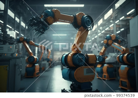 Robotic arms in a factory. Robotics in industry concept. Generative AI Robotic arms in a factory. Robotics in industry concept. Generative AI 99374539