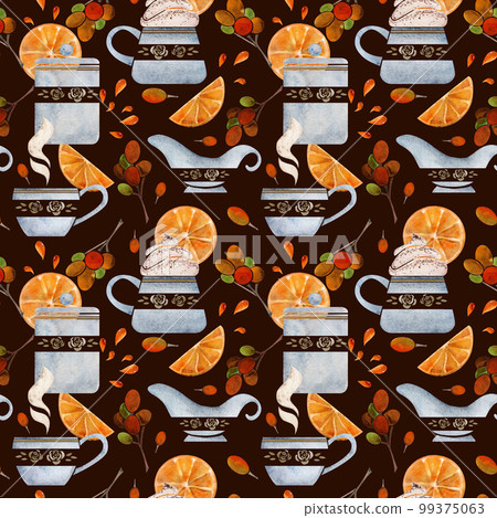 Watercolor hand drawn seamless pattern with coffee cups, beans, sugar cubes, orange slices, juice drops. Isolated on dark background For invitations, cafe, restaurant food menu, print, website, cards 99375063