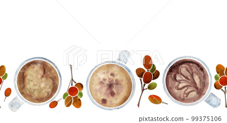 Watercolor hand drawn horizontal seamless banner with capuccino coffee cups, raw beans, top view. Isolated on white background. For invitations, cafe, restaurant food menu, print, website, cards Watercolor hand drawn horizontal seamless banner with capuccino coffee cups, raw beans, top view. Isolated on white background. For invitations, cafe, restaurant food menu, print, website, cards 99375106