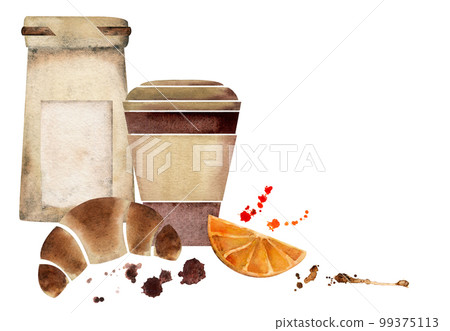 Watercolor hand drawn composition with paper coffee cups, bags, croissants, orange slices, leaves. Isolated on white background. For invitations, cafe, restaurant food menu, print, website, cards Watercolor hand drawn composition with paper coffee cups, bags, croissants, orange slices, leaves. Isolated on white background. For invitations, cafe, restaurant food menu, print, website, cards 99375113