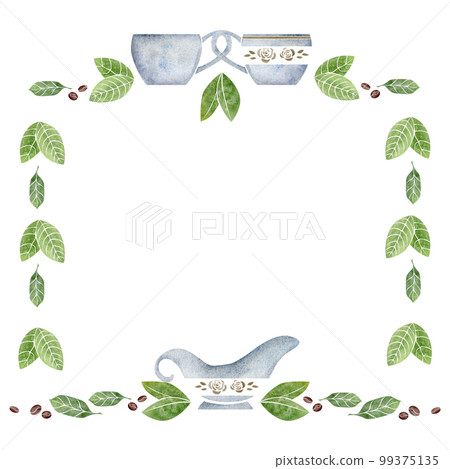 Watercolor hand drawn border frame porcelain and gold coffee cups, roasted beans, green leaves, creamer. Isolated on white background For invitations, cafe, restaurant food menu, print, website, cards Watercolor hand drawn border frame porcelain and gold coffee cups, roasted beans, green leaves, creamer. Isolated on white background For invitations, cafe, restaurant food menu, print, website, cards 99375135