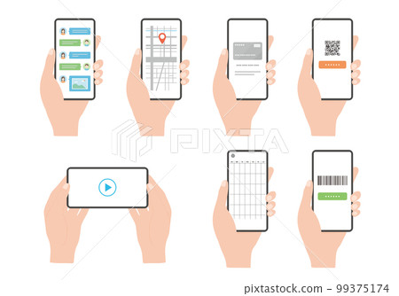 Hand illustration and icon holding a smartphone Various smartphone screen sets 99375174