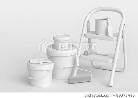 Set of metal cans or buckets with paint roller, brush and folding ladder Set of metal cans or buckets with paint roller, brush and folding ladder 99375486