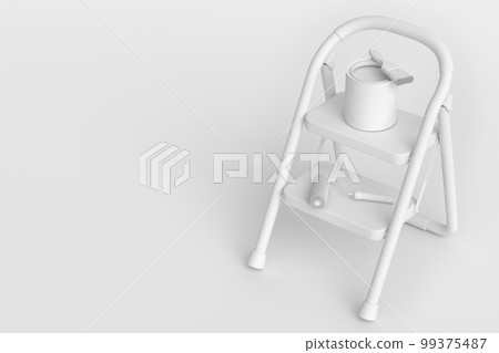 Set of metal cans or buckets with paint roller, brush and folding ladder Set of metal cans or buckets with paint roller, brush and folding ladder 99375487