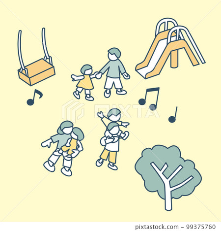 Family having fun in the park. People who are happy to have lots of playground equipment Family having fun in the park. People who are happy to have lots of playground equipment 99375760