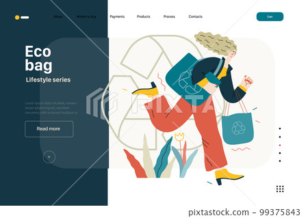 Lifestyle website template - Eco bag - modern flat vector illustration of woman holding her eco bags and recycle sign, ecology metaphor. People activities concept 99375843