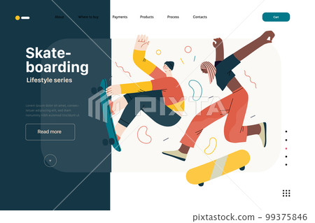 Lifestyle website template - Skateboarding - modern flat vector illustration of a young male and female skaters jumping in the air with their skateboards.. People activities concept 99375846