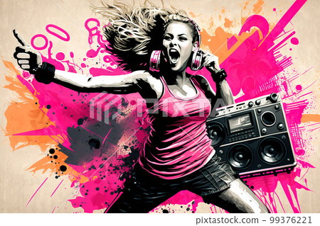 Hip hop and cool white girl concept, young woman dancing on street, illustration 99376221