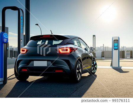 electric charging car. EV charging station for electric car in concept of green energy. EV electric car pluged charging at a recharge station. generative ai 99376311