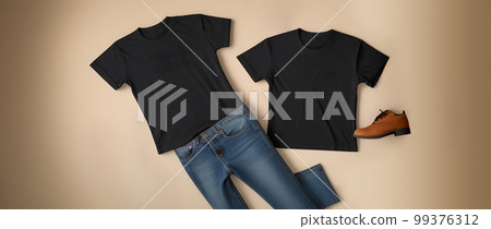 t-shirt mockup. Black tshirt mockup and jeans on brown background. Template, flat lay. generative ai 99376312