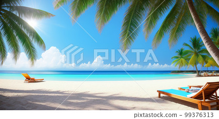 Beach holiday background. Beautiful beach with white sand, turquoise ocean water and blue sky with clouds in sunny day. Panoramic view. Generative AI background for summer vacation Beach holiday background. Beautiful beach with white sand, turquoise ocean water and blue sky with clouds in sunny day. Panoramic view. Generative AI background for summer vacation 99376313