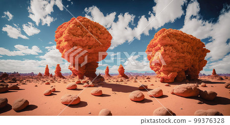 Fantastic Sci-fi landscape desert on sunny day. desert with amazing shaped rock formations. Generative AI 99376328