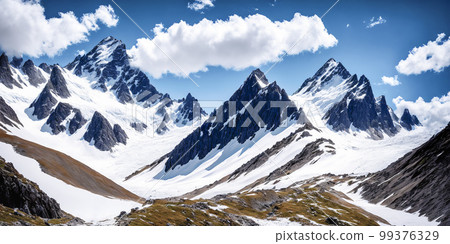 Mountains landscape, trekking. Success, freedom and happiness, achievement in mountains. Scenic view of snowy mountains trees and white fluffy clouds. Generative AI 99376329