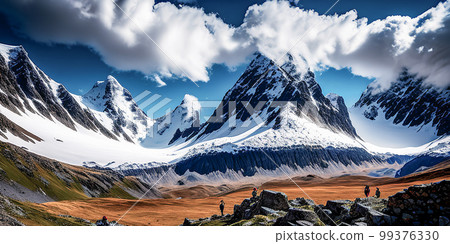 Mountains landscape, trekking. Success, freedom and happiness, achievement in mountains. Scenic view of snowy mountains trees and white fluffy clouds. Generative AI 99376330